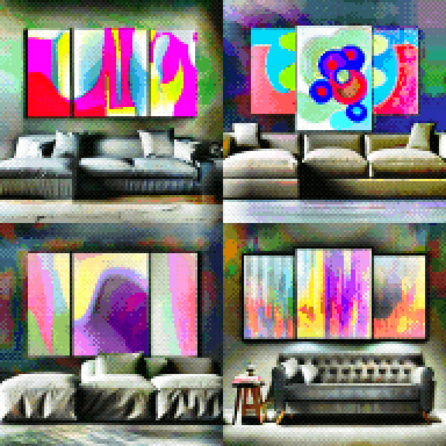 a series of sofa photos with abstract art paintings hanging behind them