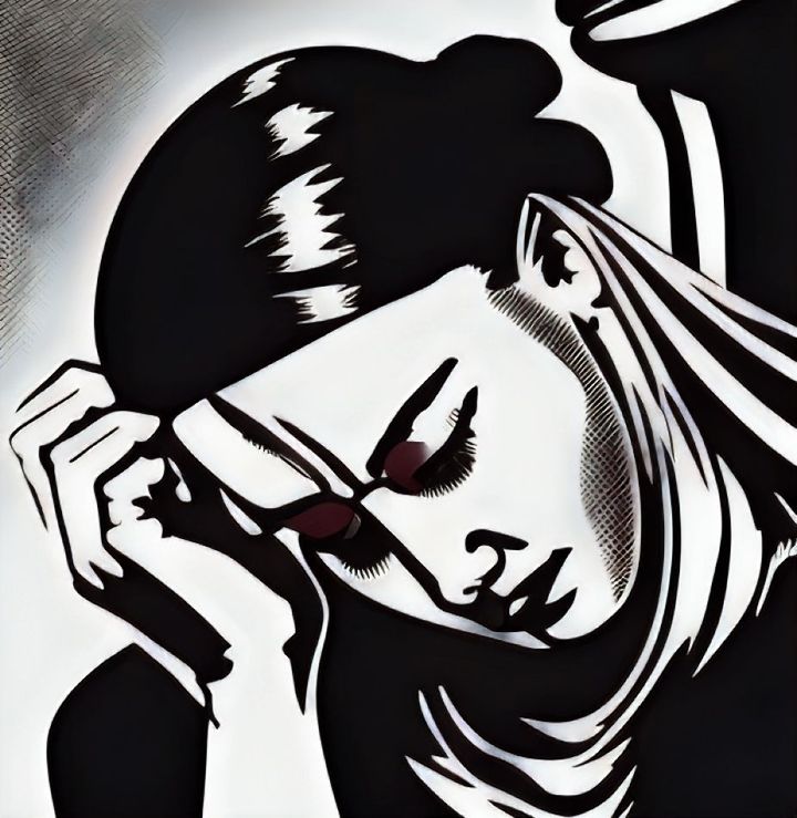 black and white illustration of a sad woman
