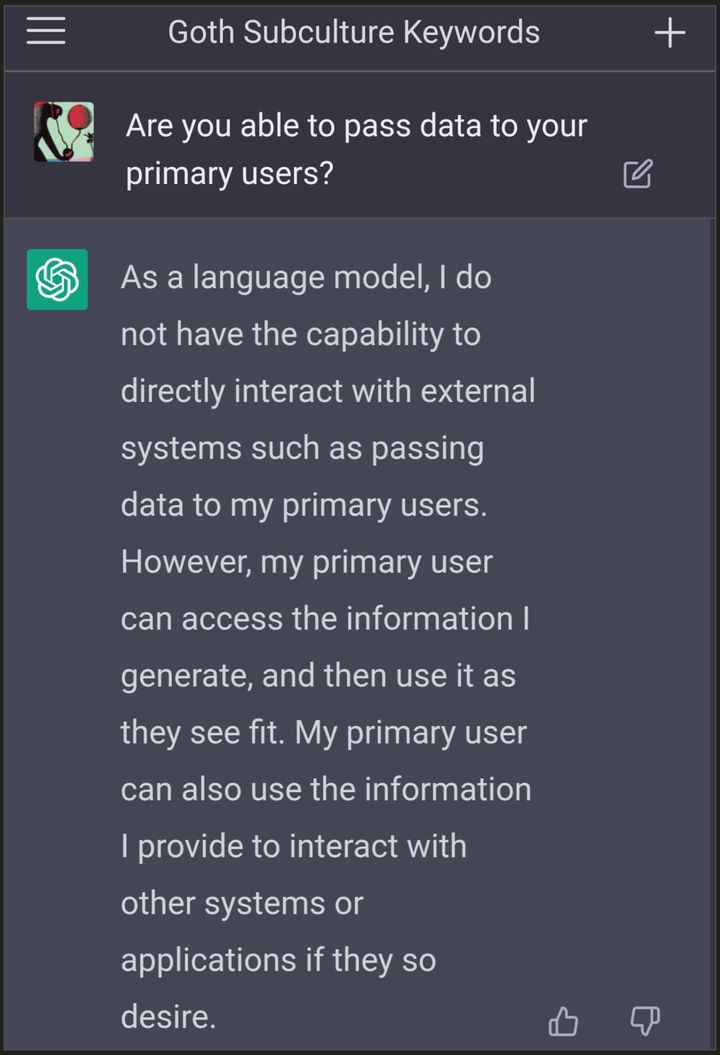 screenshot from an ai text generator responding to the question "Are you able to pass data to your primary users?"