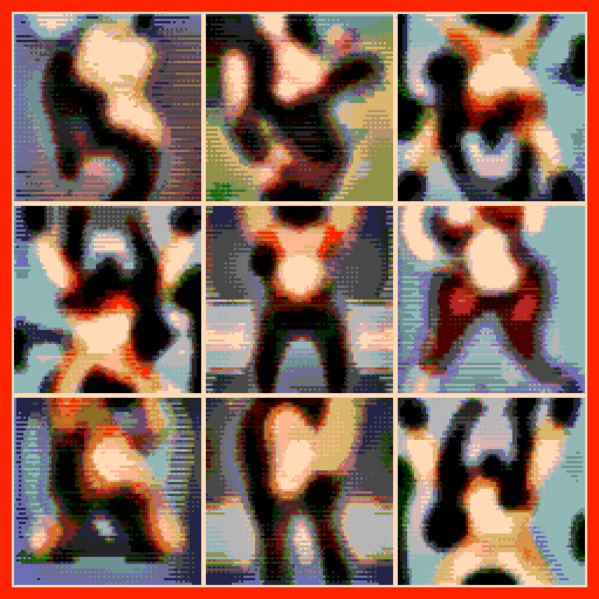 A nine by nine grid of highly pixelated images of possible naughty bits
