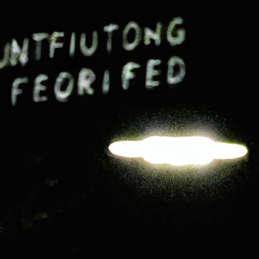 blurry ufo photo with the words "UNTFIUTONG FEORIFED" written on it in glowing writing